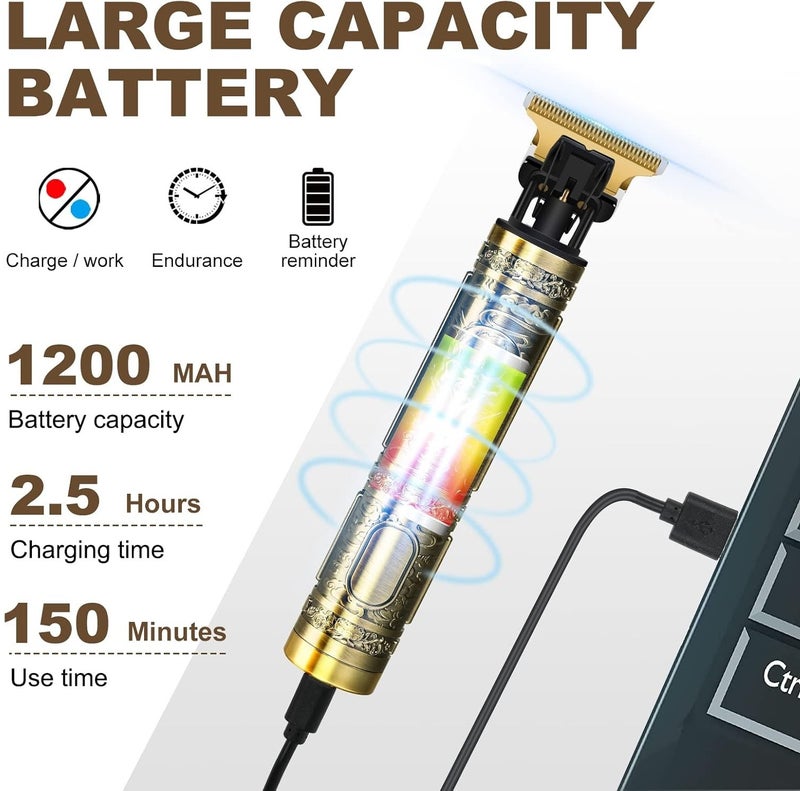 جيهام ماكينة تشذيب شعر الرجال - ماكينة تشذيب لحية لاسلكية بشفرة على شكل حرف T، ماكينة تشذيب شعر بدون فجوات، ماكينة تشذيب كهربائية ذهبية قابلة لإعادة الشحن عبر منفذ USB للحية وتصفيف الشعر وتحديد الحواف والتفاصيل - Image 4
